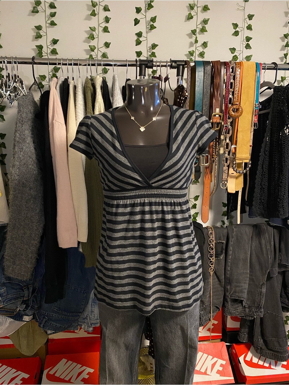 Y2K - Black and Gray Striped V-Neck Babydoll top